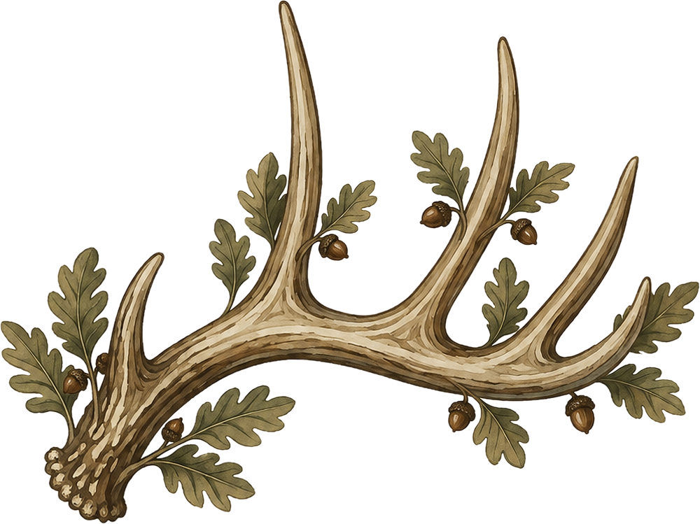 The Oaken Antler mark: a shed antler whose tines break into oak leaves and acorns.